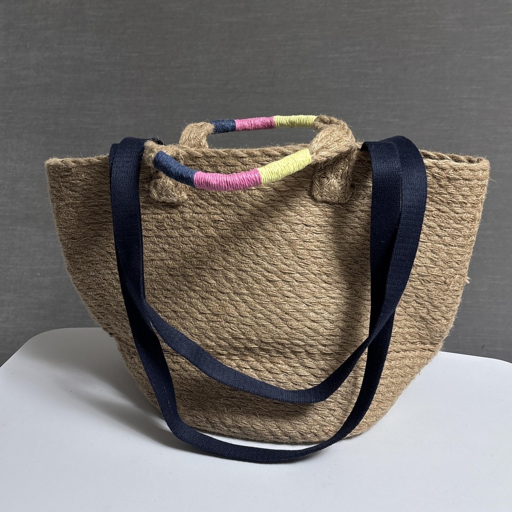 Gap Tote Bag Natural Navy Woven Jute Double Straps Beach Boho Nautical‎ Summer